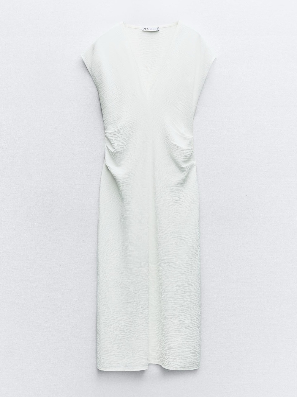 Zara White V-Neck Midi Dress with Subtle Ruching